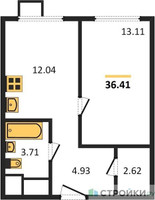 Планировка однокомнатной(квартира) площадью 36.41 квадратных метров в “ЖК Апарт-отель Тропарево парк”