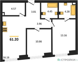 Планировка двухкомнатной(квартира) площадью 61.2 квадратных метров в “ЖК "Гранд Фили"”