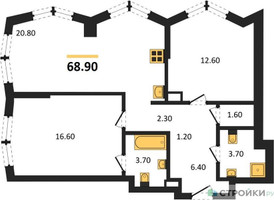 Планировка двухкомнатной(квартира) площадью 68.9 квадратных метров в “Акценты”