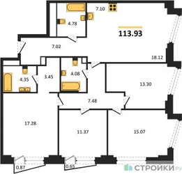 Планировка 4+ комнатной(квартира) площадью 113.93 квадратных метров в ЖК “ЖК Moments (Моментс)”