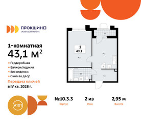 Планировка однокомнатной(квартира) площадью 43.1 квадратных метров в ЖК “ЖК Прокшино”