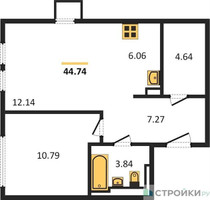 Планировка однокомнатной(квартира) площадью 44.74 квадратных метров в “ЖК Остафьево”