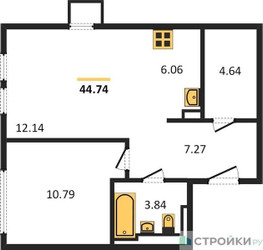 Планировка однокомнатной(квартира) площадью 44.74 квадратных метров в ЖК “ЖК Остафьево”