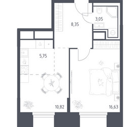 Планировка однокомнатной(апартаменты) площадью 44.6 квадратных метров в ЖК “ЖК Скай Спутник”