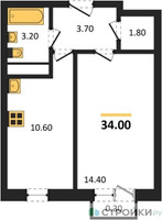 Планировка однокомнатной(квартира) площадью 34 квадратных метров в “ЖК Южная Долина”