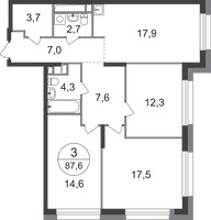 Планировка трехкомнатной(квартира) площадью 87.6 квадратных метров в “ЖК Первый Московский”