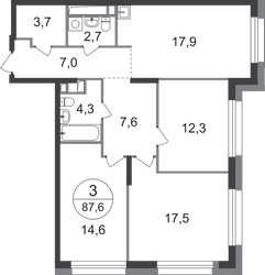 Планировка трехкомнатной(квартира) площадью 87.6 квадратных метров в ЖК “ЖК Первый Московский”