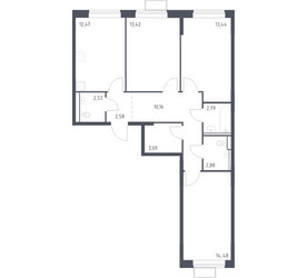 Планировка трехкомнатной(квартира) площадью 78.44 квадратных метров в ЖК “ЖК Молжаниново”
