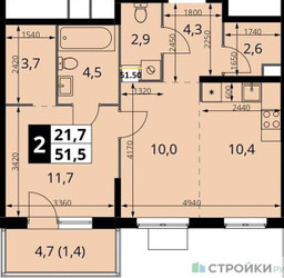 Планировка однокомнатной(квартира) площадью 51.5 квадратных метров в “ЖК 1-й Измайловский (Первый Измайловский)”