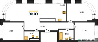 Планировка трехкомнатной(квартира) площадью 90 квадратных метров в “ЖК Символ”