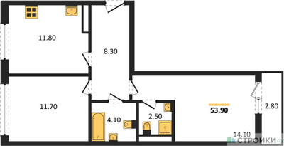 Планировка двухкомнатной(квартира) площадью 53.9 квадратных метров в ЖК “ЖК Родные кварталы”