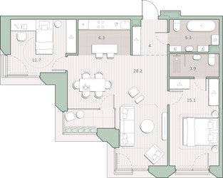 Планировка двухкомнатной(квартира) площадью 76.4 квадратных метров в ЖК “ЖК Среда на Лобачевского”