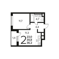 Планировка двухкомнатной(квартира) площадью 36.2 квадратных метров в “Новые Ватутинки. Заречный”