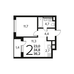 Планировка двухкомнатной(квартира) площадью 36.2 квадратных метров в ЖК “Новые Ватутинки. Заречный”