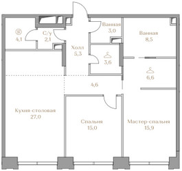 Планировка двухкомнатной(квартира) площадью 95.7 квадратных метров в ЖК “ЖК Коллекция Лужники”