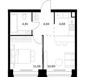 Планировка однокомнатной(квартира) площадью 36.29 квадратных метров в ЖК “ЖК НОВА”