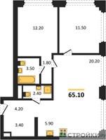 Планировка двухкомнатной(квартира) площадью 65.1 квадратных метров в “ЖК Мангазея в Богородском”