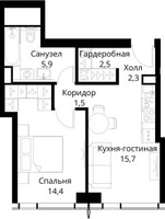 Планировка однокомнатной(квартира) площадью 42.3 квадратных метров в “ЖК Сити Бэй”