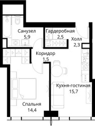 Планировка однокомнатной(квартира) площадью 42.3 квадратных метров в ЖК “ЖК Сити Бэй”