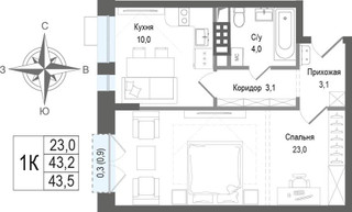 Планировка однокомнатной(квартира) площадью 43.4 квадратных метров в “ЖК КИНОКВАРТАЛ”