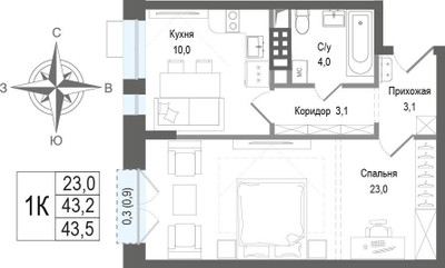 Планировка однокомнатной(квартира) площадью 43.4 квадратных метров в ЖК “ЖК КИНОКВАРТАЛ”