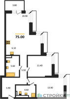 Планировка двухкомнатной(квартира) площадью 75 квадратных метров в “ЖК Дзен-кварталы”