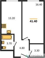 Планировка однокомнатной(квартира) площадью 41.4 квадратных метров в “ЖК Новый Зеленоград”