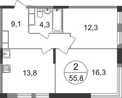 Планировка двухкомнатной(квартира) площадью 55.8 квадратных метров в “ЖК Переделкино Ближнее”