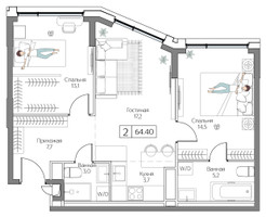 Планировка двухкомнатной(квартира) площадью 64 квадратных метров в “ЖК Дрим Рива”
