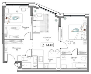 Планировка двухкомнатной(квартира) площадью 64 квадратных метров в ЖК “ЖК Дрим Рива”