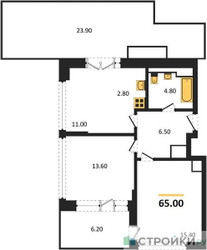 Планировка двухкомнатной(квартира) площадью 65 квадратных метров в ЖК “ЖК VERY на Миклухо-Маклая (Вери на Миклухо-Маклая)”
