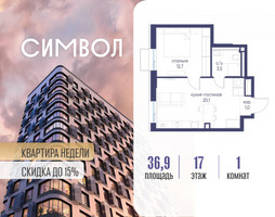 Планировка однокомнатной(квартира) площадью 36.9 квадратных метров в “ЖК Символ”