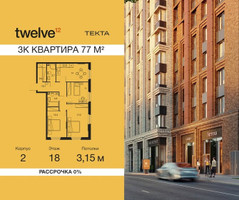 Планировка трехкомнатной(квартира) площадью 77 квадратных метров в “ЖК Твелв”