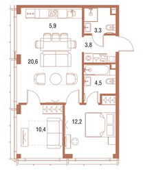 Планировка двухкомнатной(квартира) площадью 61.1 квадратных метров в ЖК “ЖК Симфония 34”