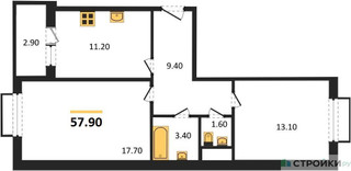 Планировка двухкомнатной(квартира) площадью 57.9 квадратных метров в “ЖК Римский”