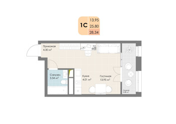 Планировка студии(квартира) площадью 28.34 квадратных метров в ЖК “ЖК Дюна”