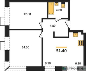 Планировка двухкомнатной(квартира) площадью 51.4 квадратных метров в ЖК “ЖК Skolkovo ONE (Сколково Уан)”