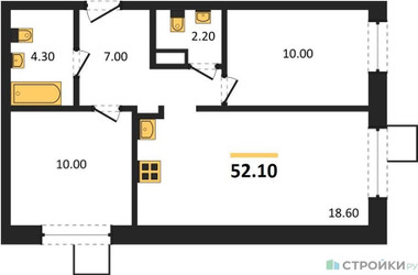Планировка двухкомнатной(квартира) площадью 52.1 квадратных метров в ЖК “ЖК Лесная Отрада”
