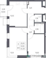 Планировка двухкомнатной(квартира) площадью 54.58 квадратных метров в “ЖК Богдановский Лес”