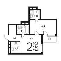 Планировка двухкомнатной(квартира) площадью 49.7 квадратных метров в “Новые Ватутинки. Заречный”