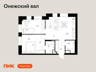 Планировка двухкомнатной(квартира) площадью 61.1 квадратных метров в ЖК “ЖК Онежский вал”