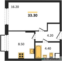 Планировка однокомнатной(квартира) площадью 33.3 квадратных метров в “ЖК Римский”