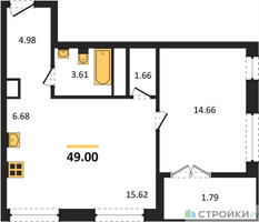 Планировка однокомнатной(квартира) площадью 49 квадратных метров в “ЖК Дюна”