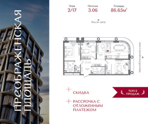 Планировка трехкомнатной(квартира) площадью 86.65 квадратных метров в ЖК “ЖК Преображенская Площадь”