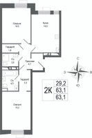 Планировка двухкомнатной(квартира) площадью 63.1 квадратных метров в “ЖК КИНОКВАРТАЛ”