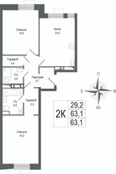 Планировка двухкомнатной(квартира) площадью 63.1 квадратных метров в ЖК “ЖК КИНОКВАРТАЛ”