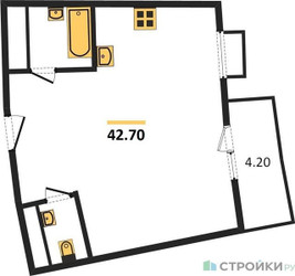 Планировка однокомнатной(квартира) площадью 42.7 квадратных метров в ЖК “ЖК Римский”