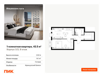 Планировка однокомнатной(квартира) площадью 42.5 квадратных метров в ЖК “ЖК Ильинские луга”