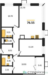 Планировка трехкомнатной(квартира) площадью 76.55 квадратных метров в ЖК “ЖК Квартал Тетрис”