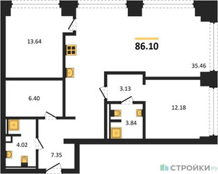 Планировка двухкомнатной(квартира) площадью 86.73 квадратных метров в ЖК “ЖК Forum (Форум)”